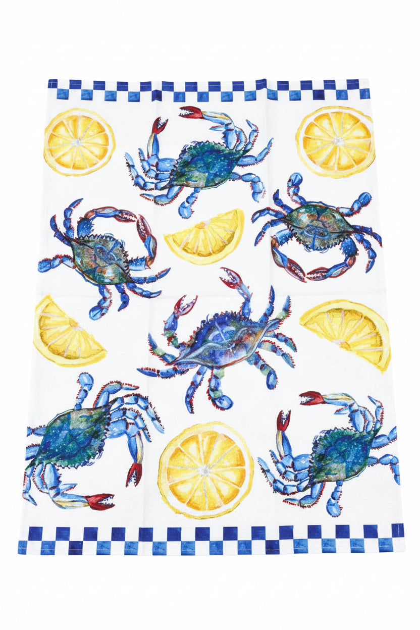 Blue Crab & Lemon Coastal Tea Towel – Southern Kitchen Decor, Nautical Seafood Art, Bluffton SC Gift