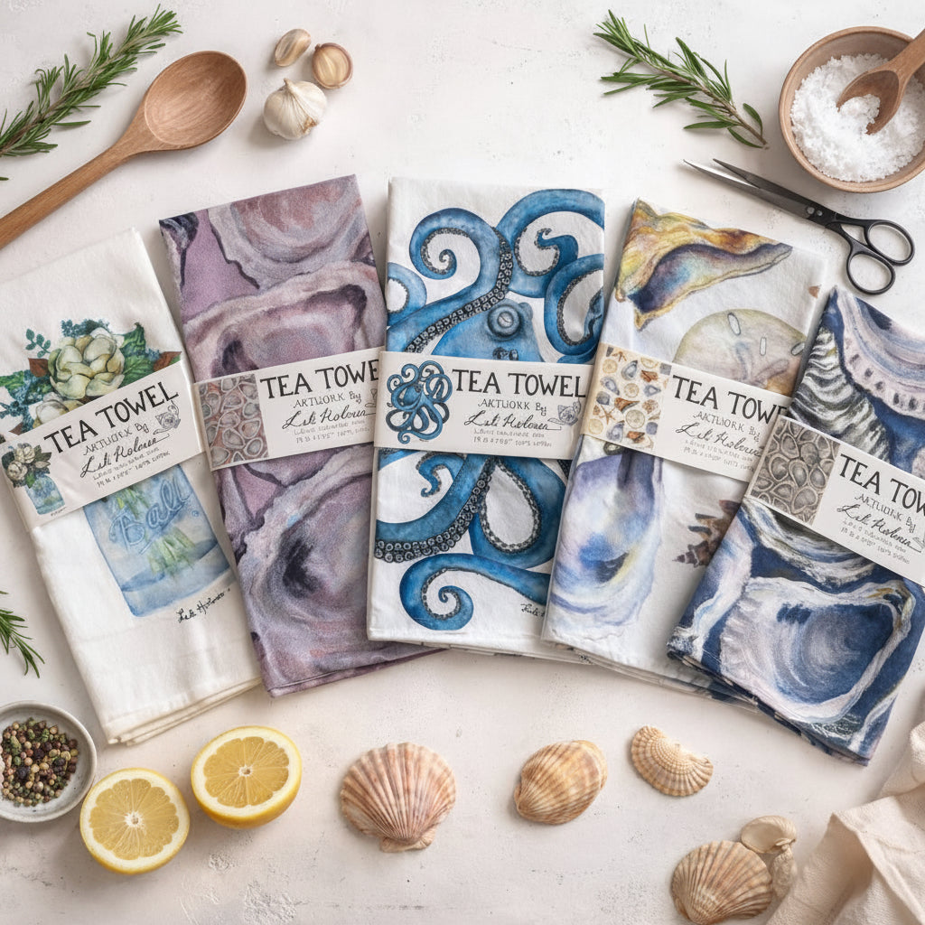 Oyster Tea Towel – Coastal Blue Shell Kitchen Towel, 100% Cotton Flour Sack, Nautical Beach House Decor, Southern Kitchen Gift