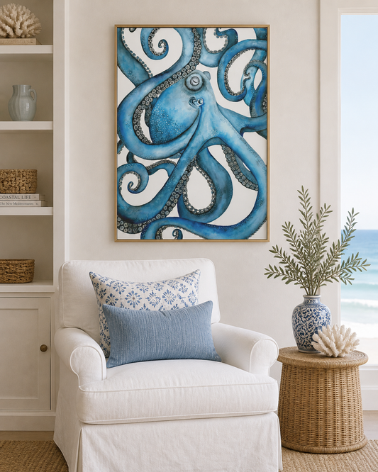 Blue Octopus Coastal Art Print | Nautical Ocean Wall Art | Sea Life Illustration | Beach House Decor | Leli Holmes Art
