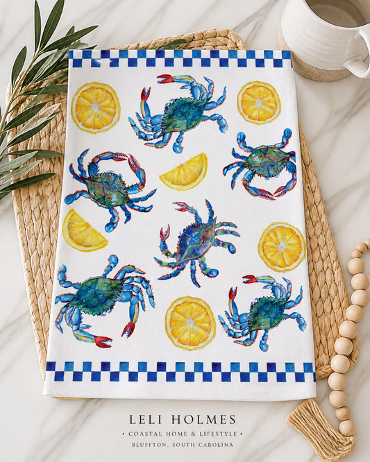 Blue Crab & Lemon Coastal Tea Towel – Southern Kitchen Decor, Nautical Seafood Art, Bluffton SC Gift