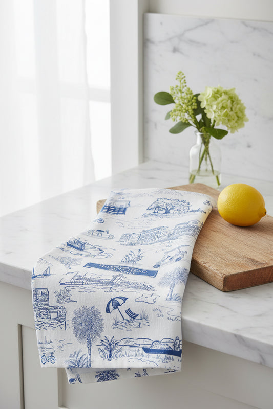 Hilton Head Toile Tea Towel on White Counter