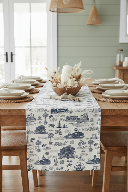 A repeating blue and white toile-style pattern featuring small illustrated scenes with figures, trees, buildings, and animals on a white background.