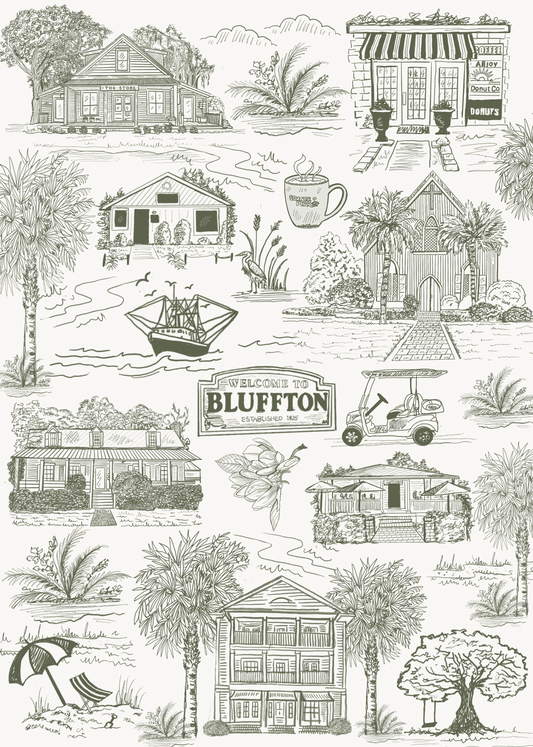 Green Bluffton Toile Tea Towel – Blue & White Coastal Kitchen Towel, 100% Cotton Flour Sack, Lowcountry South Carolina Gift, Southern Decor (Copy)