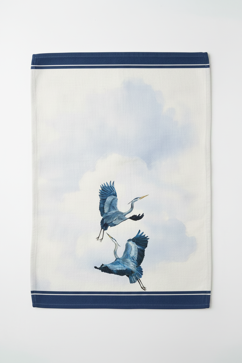 Blue Heron Tea Towel – Coastal Bird Kitchen Towel, 100% Cotton Flour Sack, Navy Stripe Kitchen Decor, Beach House Gift