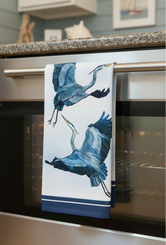 Blue Heron Tea Towel – Coastal Bird Kitchen Towel, 100% Cotton Flour Sack, Navy Stripe Kitchen Decor, Beach House Gift