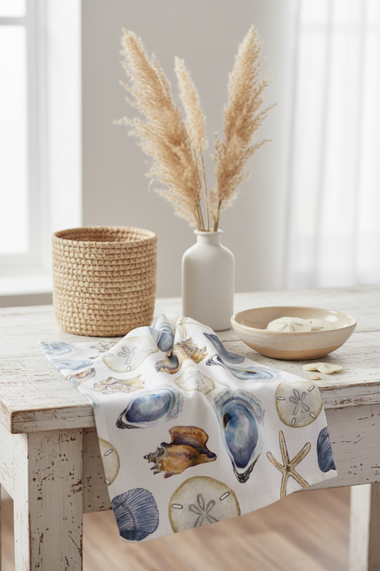 Seashell Tea Towel – Coastal Shell Kitchen Towel, 100% Cotton Flour Sack, Beach House Decor, Nautical Kitchen Gift