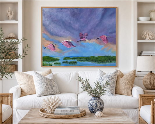 Pink Spoonbill Coastal Art Print | Lowcountry Marsh Painting | Coastal Bird Wall Art | Southern Landscape | Leli Holmes Art