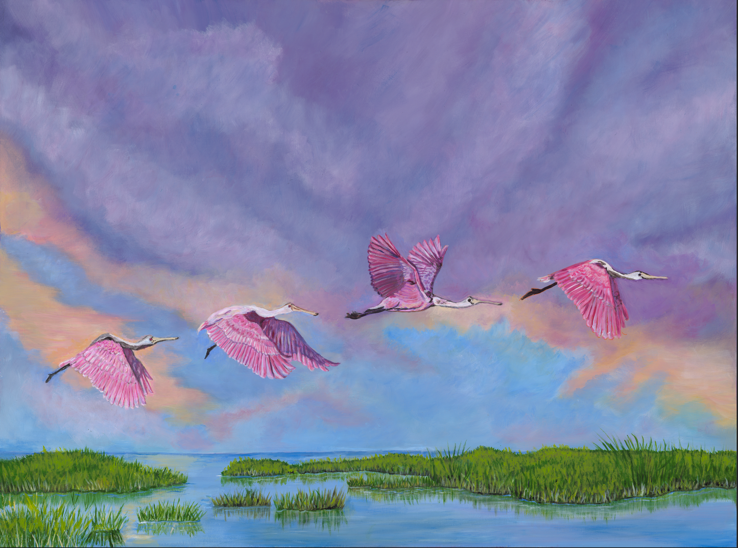 Pink Spoonbill Coastal Art Print | Lowcountry Marsh Painting | Coastal Bird Wall Art | Southern Landscape | Leli Holmes Art
