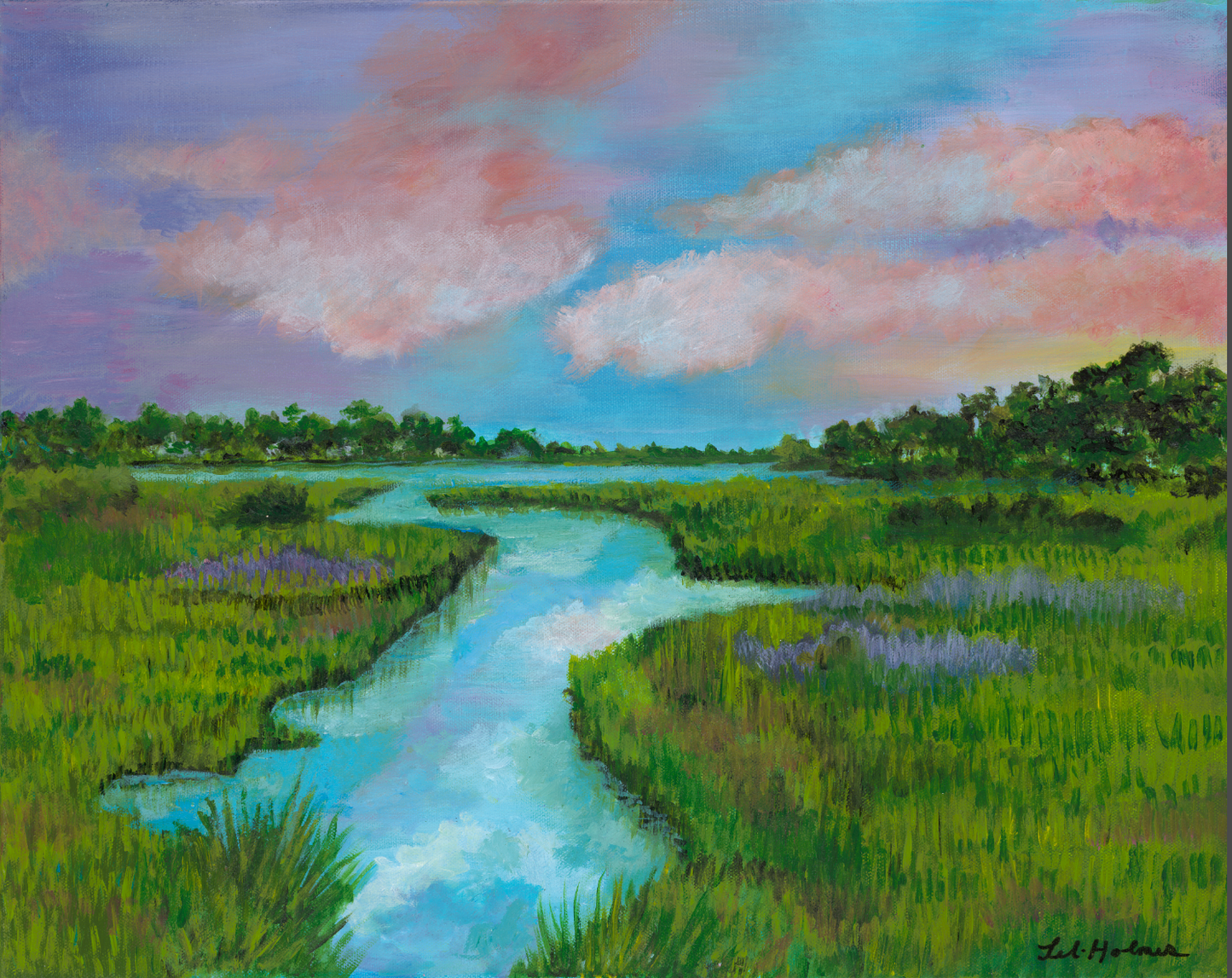 Lowcountry Marsh Creek Art Print | Coastal Landscape Painting | Southern Marsh Wall Art | Pastel Sky Coastal Decor | Leli Holmes Art