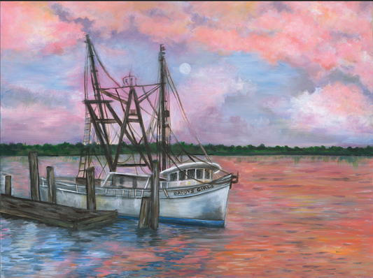 Pink Coastal Sunset Beach Art Bluffton Oyster Factory Boat Art Print | “Daddy’s Girls” Coastal Painting | Lowcountry Shrimp Boat | Sunset Marsh Wall Art | Leli Holmes Art