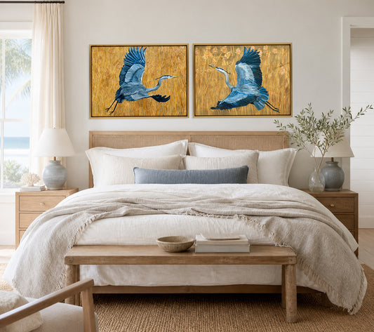 Blue Heron Art Print Set of 2 | Coastal Bird Wall Art Pair | Lowcountry Heron Paintings | Marsh Grass Background | Leli Holmes Art