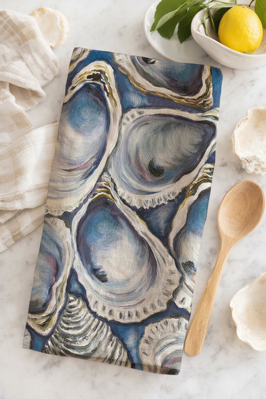 Oyster Tea Towel – Coastal Blue Shell Kitchen Towel, 100% Cotton Flour Sack, Nautical Beach House Decor, Southern Kitchen Gift