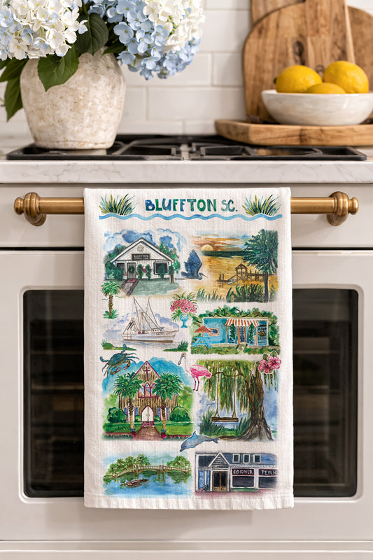Bluffton SC Tea Towel – Lowcountry Coastal Kitchen Towel, South Carolina Souvenir Gift, 100% Cotton Flour Sack, Hilton Head Decor