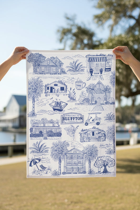 Bluffton Toile Tea Towel – Blue & White Coastal Kitchen Towel, 100% Cotton Flour Sack, Lowcountry South Carolina Gift, Southern Decor