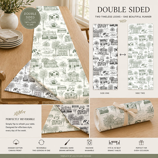 Bluffton Toile Reversible Table Runner | Double-Sided Cotton Table Runner | Preorder