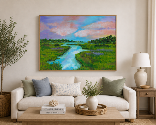 Lowcountry Marsh Creek Art Print | Coastal Landscape Painting | Southern Marsh Wall Art | Pastel Sky Coastal Decor | Leli Holmes Art