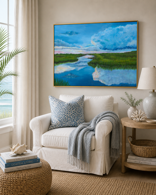 Lowcountry Marsh Landscape Art Print | Coastal Marsh Painting | Southern Coastal Wall Art | Blue Sky Reflection | Leli Holmes Art