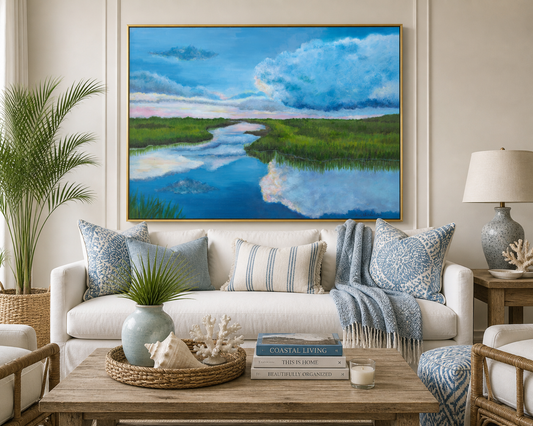 Lowcountry Marsh Landscape Art Print | Coastal Marsh Painting | Southern Coastal Wall Art | Blue Sky Reflection | Leli Holmes Art