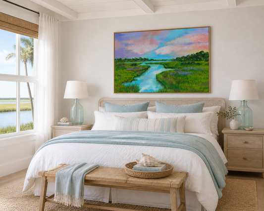 Lowcountry Marsh Creek Art Print | Coastal Landscape Painting | Southern Marsh Wall Art | Pastel Sky Coastal Decor | Leli Holmes Art