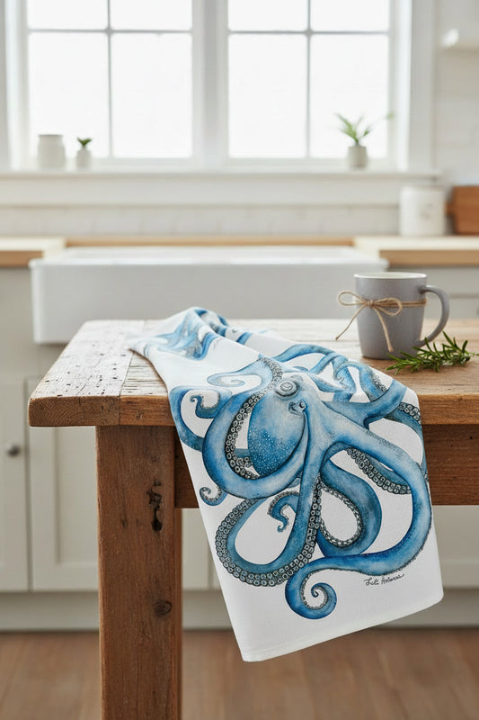 Octopus Tea Towel – Coastal Nautical Kitchen Towel, Blue Octopus Flour Sack, 100% Cotton Beach House Decor, Ocean Lover Gift