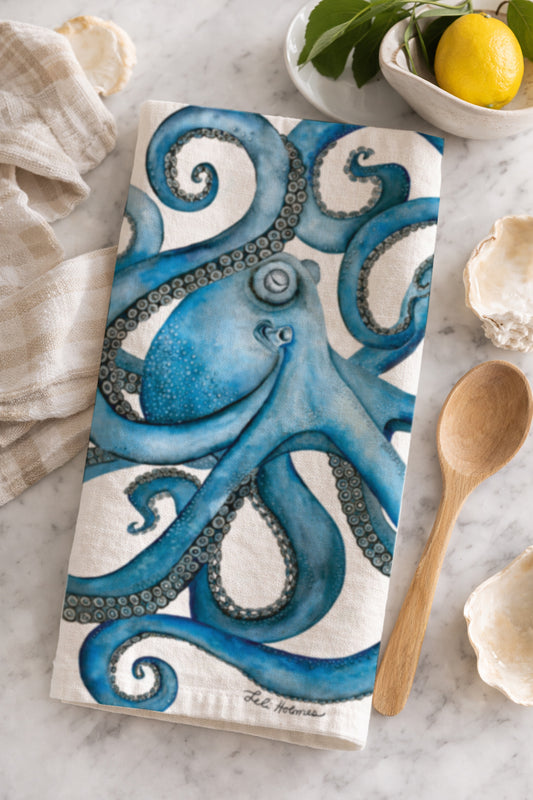 Octopus Tea Towel – Coastal Nautical Kitchen Towel, Blue Octopus Flour Sack, 100% Cotton Beach House Decor, Ocean Lover Gift