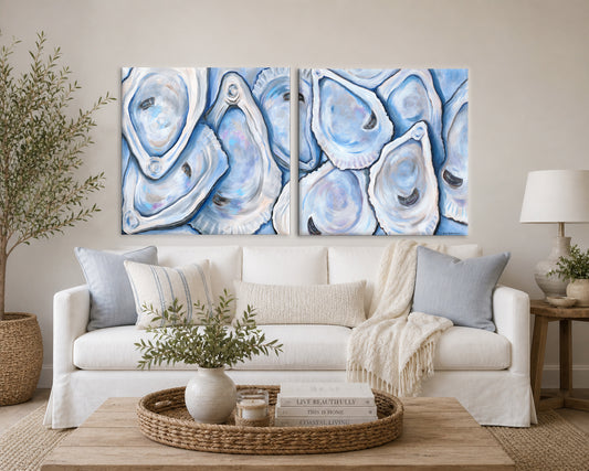 Blue Oyster Art Print Set of 2 | Coastal Oyster Wall Art Pair | Lowcountry oyster Paintings