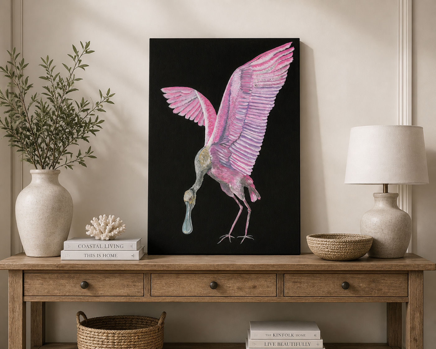 Pink Spoonbill Art Print on Black | Coastal Bird Wall Art | Dramatic Coastal Decor | Roseate Spoonbill Painting | Leli Holmes Art