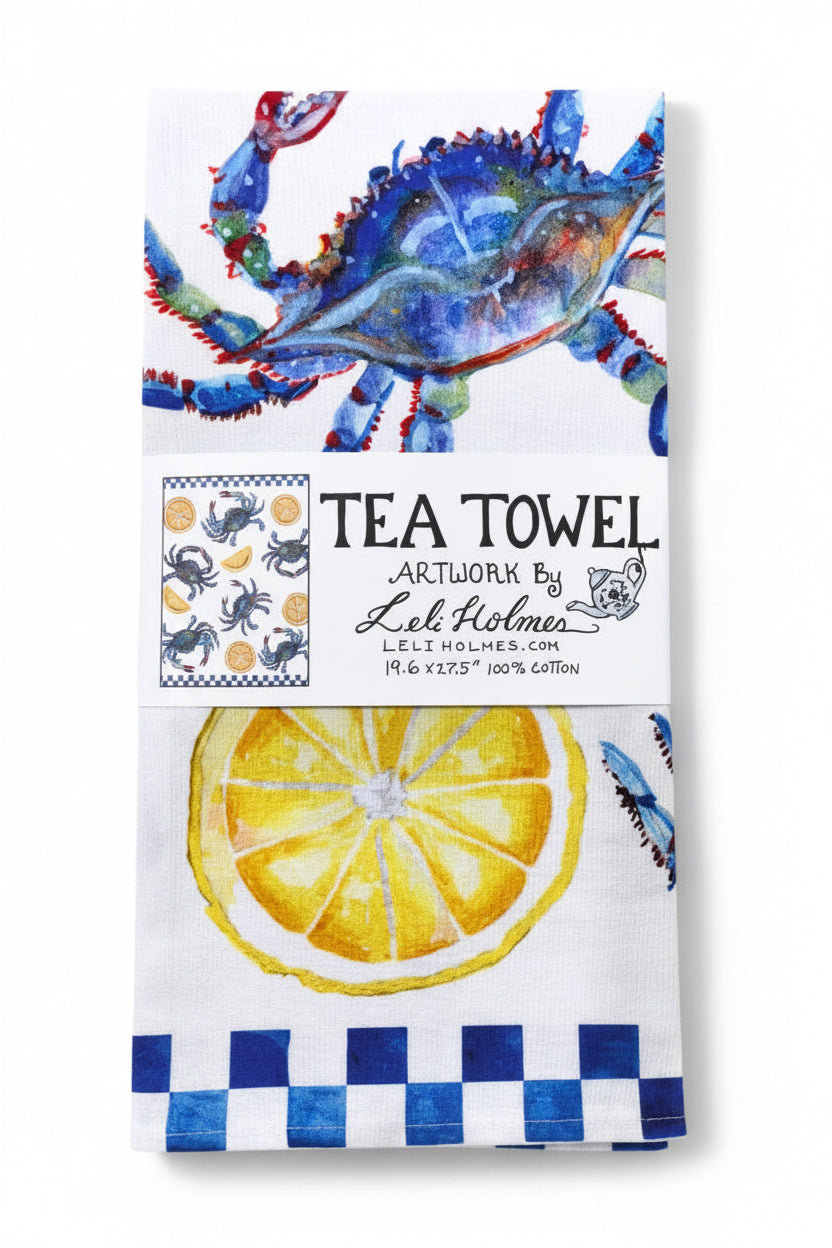 Blue Crab & Lemon Coastal Tea Towel – Southern Kitchen Decor, Nautical Seafood Art, Bluffton SC Gift