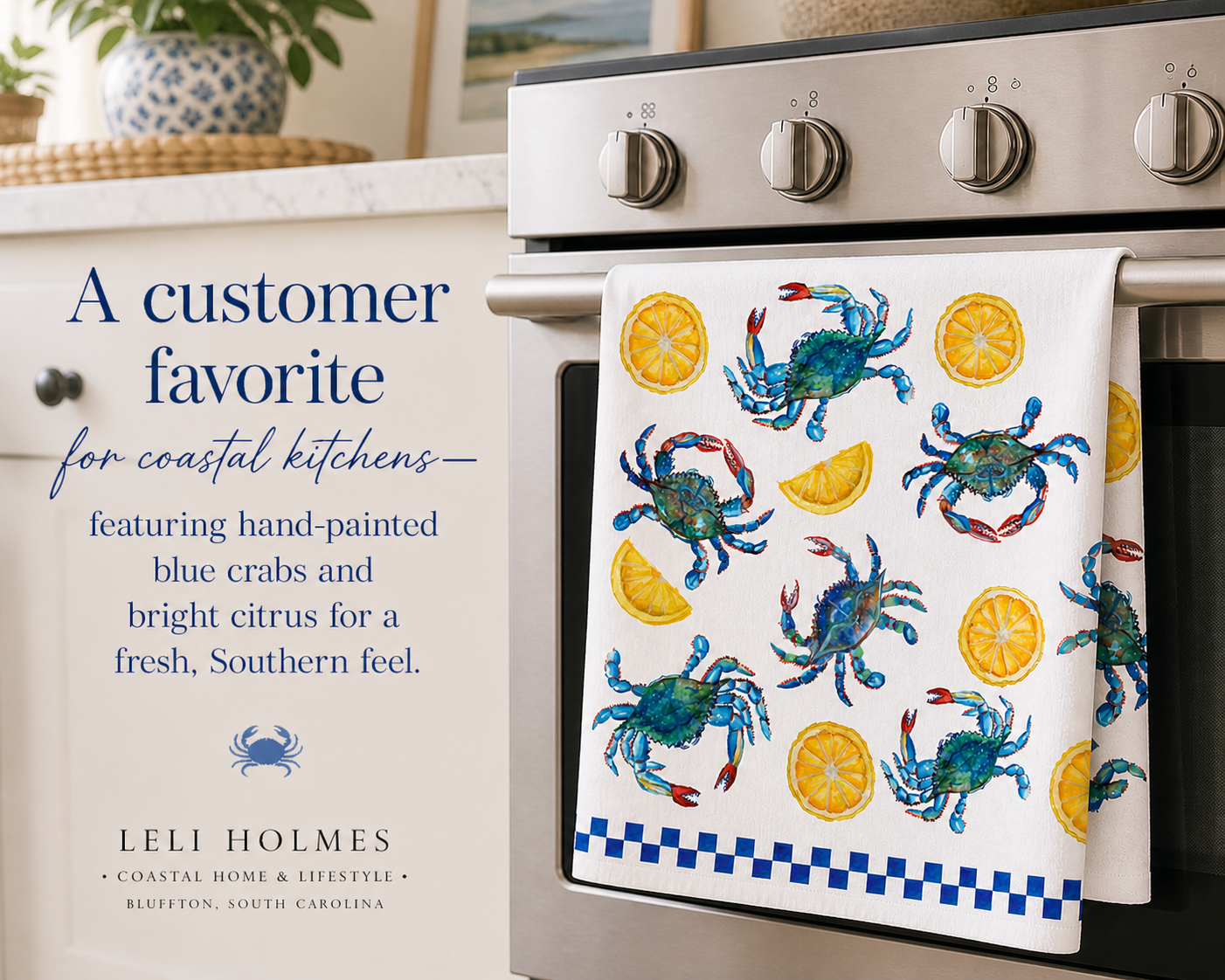 Blue Crab & Lemon Coastal Tea Towel – Southern Kitchen Decor, Nautical Seafood Art, Bluffton SC Gift