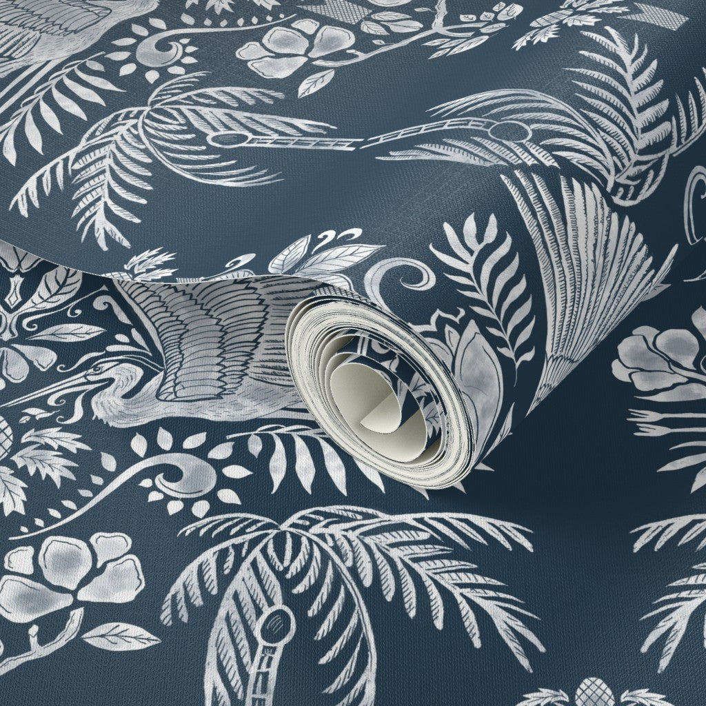 Coastal Palm & Egret Toile Wallpaper