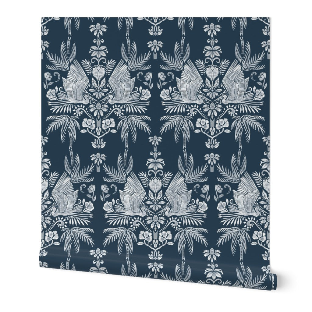 Coastal Palm & Egret Toile Wallpaper