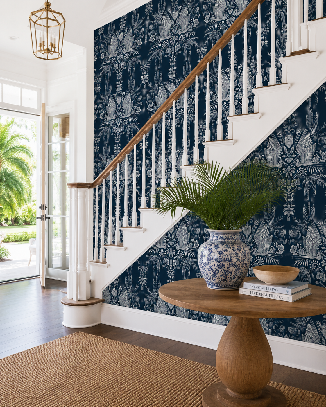Coastal Palm & Egret Toile Wallpaper