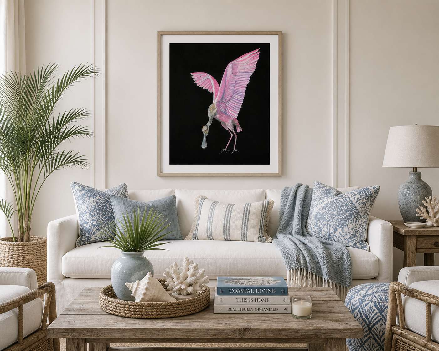 Pink Spoonbill Art Print on Black | Coastal Bird Wall Art | Dramatic Coastal Decor | Roseate Spoonbill Painting | Leli Holmes Art