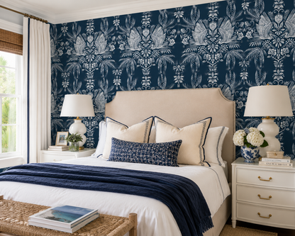 Coastal Palm & Egret Toile Wallpaper