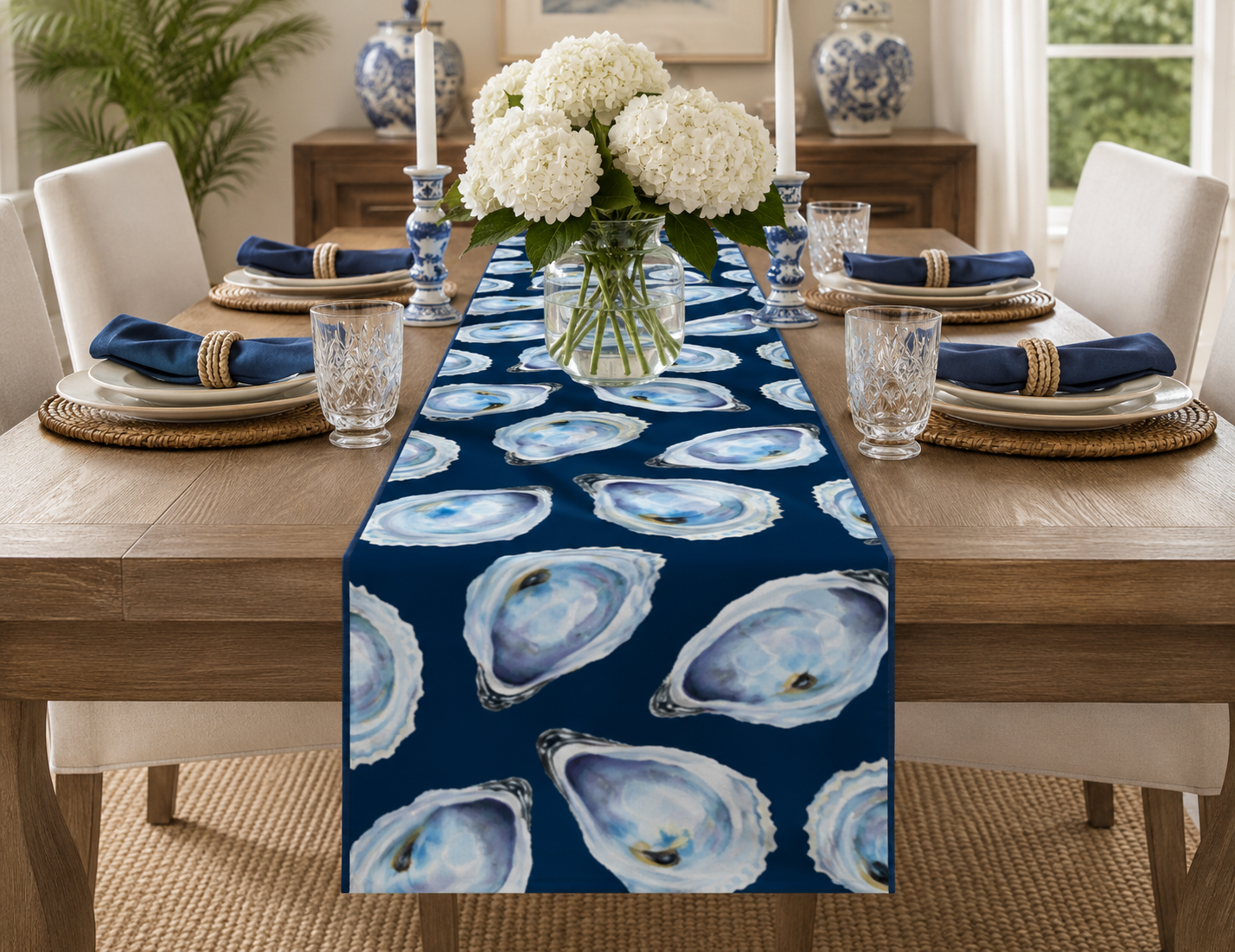 Blue Oyster Reversible Table Runner | Original Watercolor Oyster Design