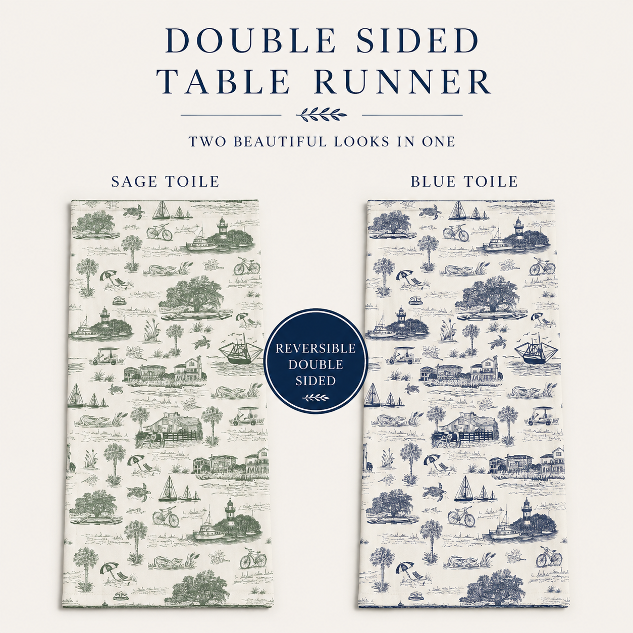 Hilton Head Toile Reversible Table Runner | Double-Sided Cotton Table Runner | Preorder (Copy)