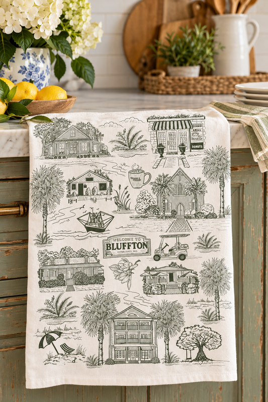 Green Bluffton Toile Tea Towel – Blue & White Coastal Kitchen Towel, 100% Cotton Flour Sack, Lowcountry South Carolina Gift, Southern Decor (Copy)