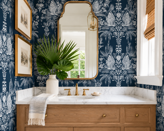 Coastal Palm & Egret Toile Wallpaper