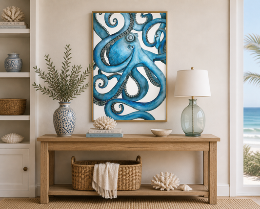 Blue Octopus Coastal Art Print | Nautical Ocean Wall Art | Sea Life Illustration | Beach House Decor | Leli Holmes Art