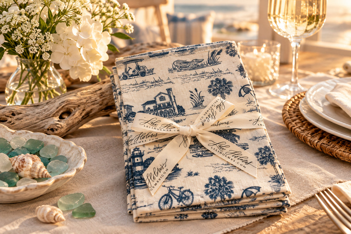 A folded piece of cream-colored fabric with a blue toile de Jouy pattern featuring houses, palm trees, golf carts, and bicycles, tied with a cream ribbon printed with 'The Holis' branding, set against a light wood background.