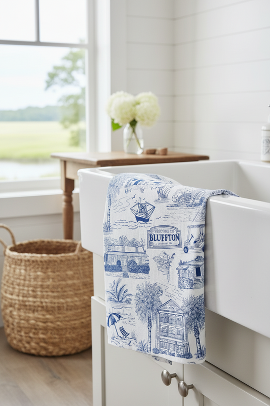 Bluffton Toile Tea Towel – Blue & White Coastal Kitchen Towel, 100% Cotton Flour Sack, Lowcountry South Carolina Gift, Southern Decor