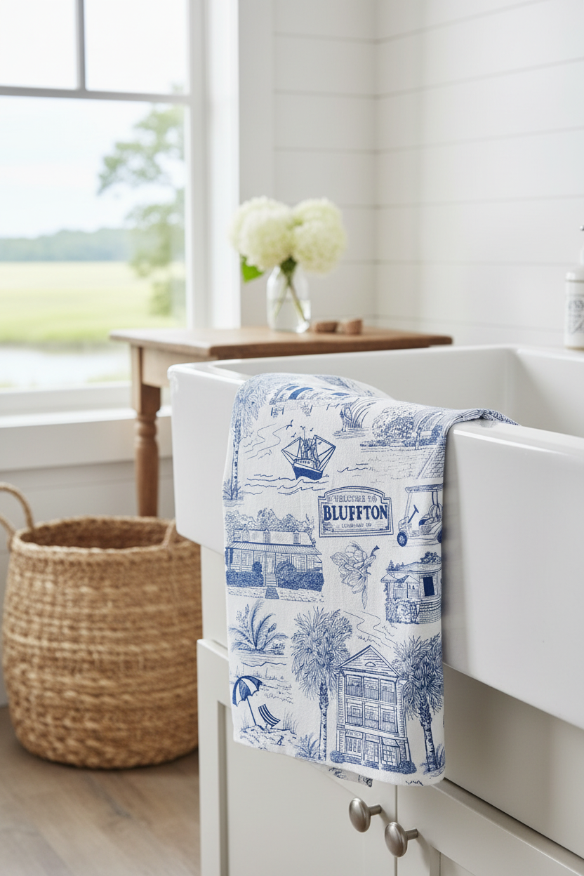 Bluffton Toile Tea Towel – Blue & White Coastal Kitchen Towel, 100% Cotton Flour Sack, Lowcountry South Carolina Gift, Southern Decor