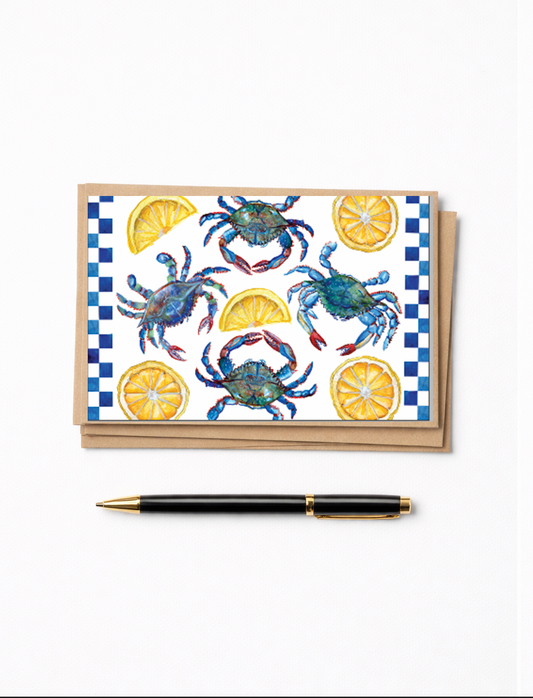 Blue crab and lemon Coastal Notecard Set | Set of 6 with Kraft Envelopes (Copy)