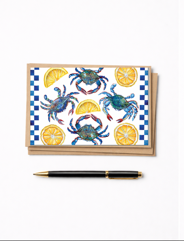 Blue crab and lemon Coastal Notecard Set | Set of 6 with Kraft Envelopes (Copy)