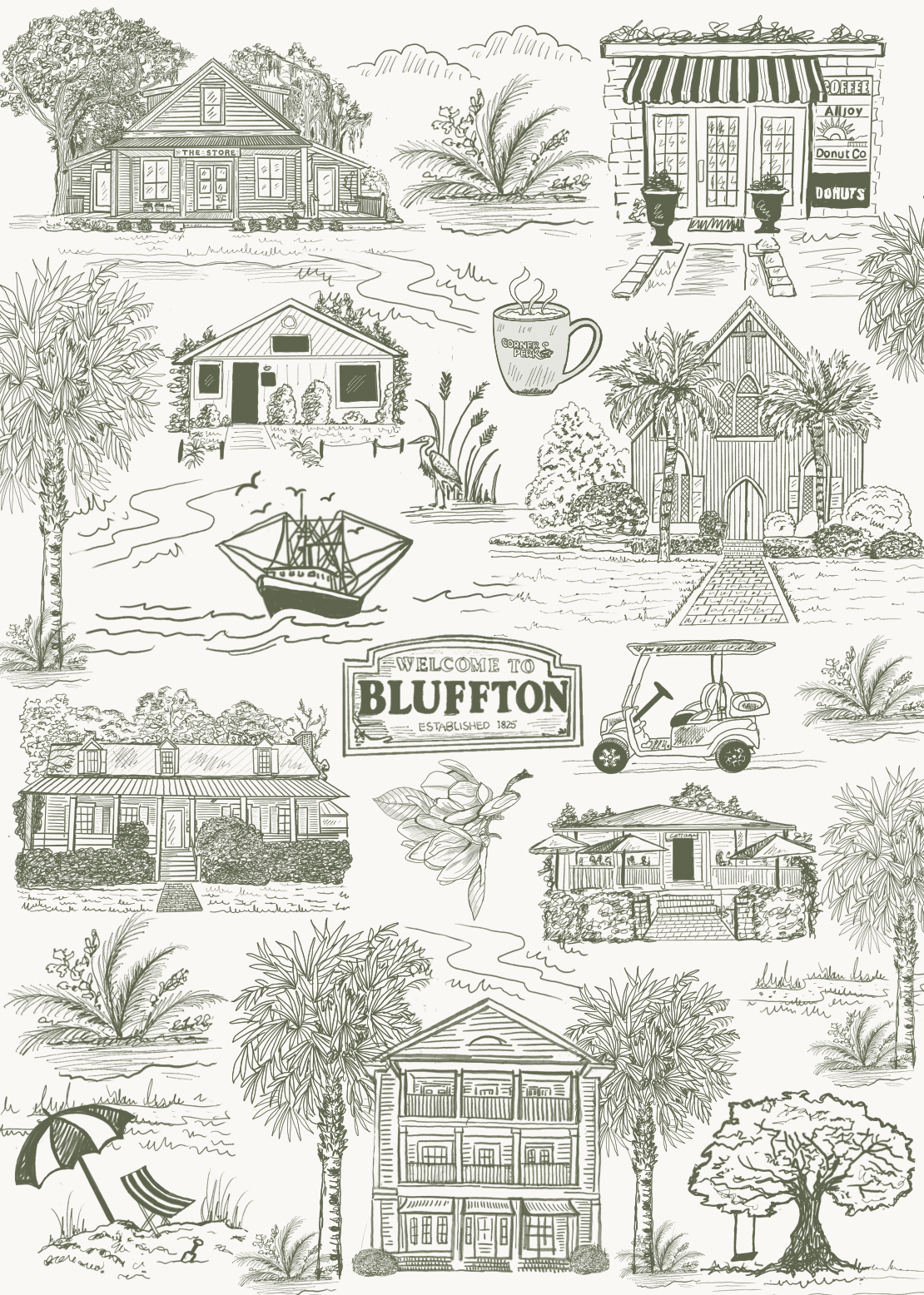 Bluffton Toile Tea Towel