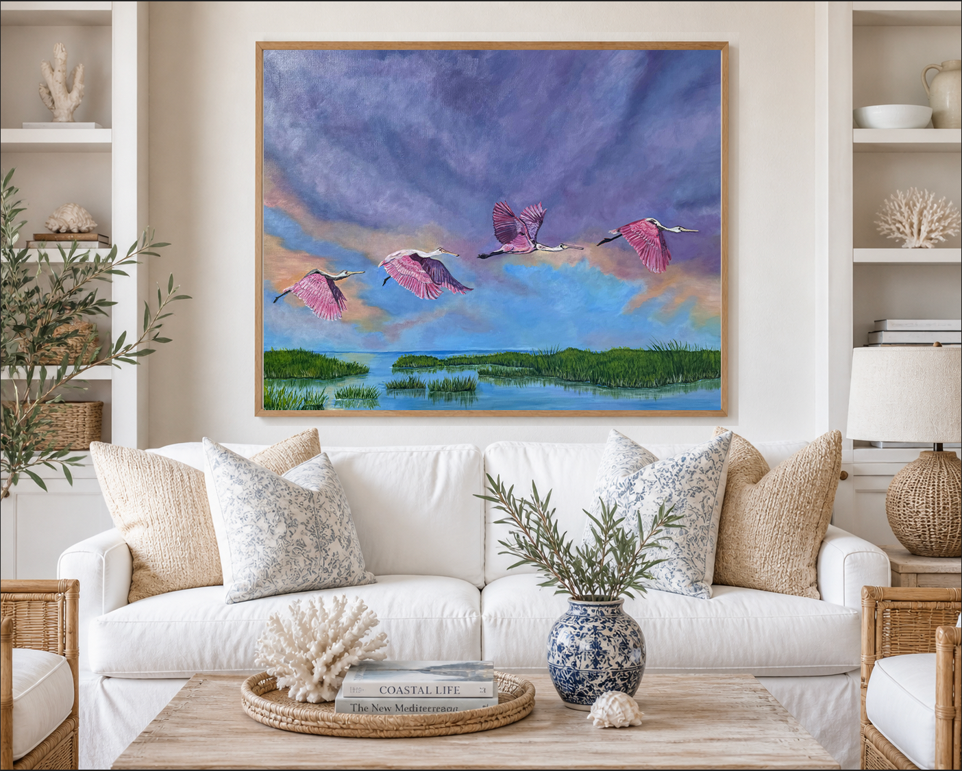 Pink Spoonbill Coastal Art Print | Lowcountry Marsh Painting | Coastal Bird Wall Art | Southern Landscape | Leli Holmes Art