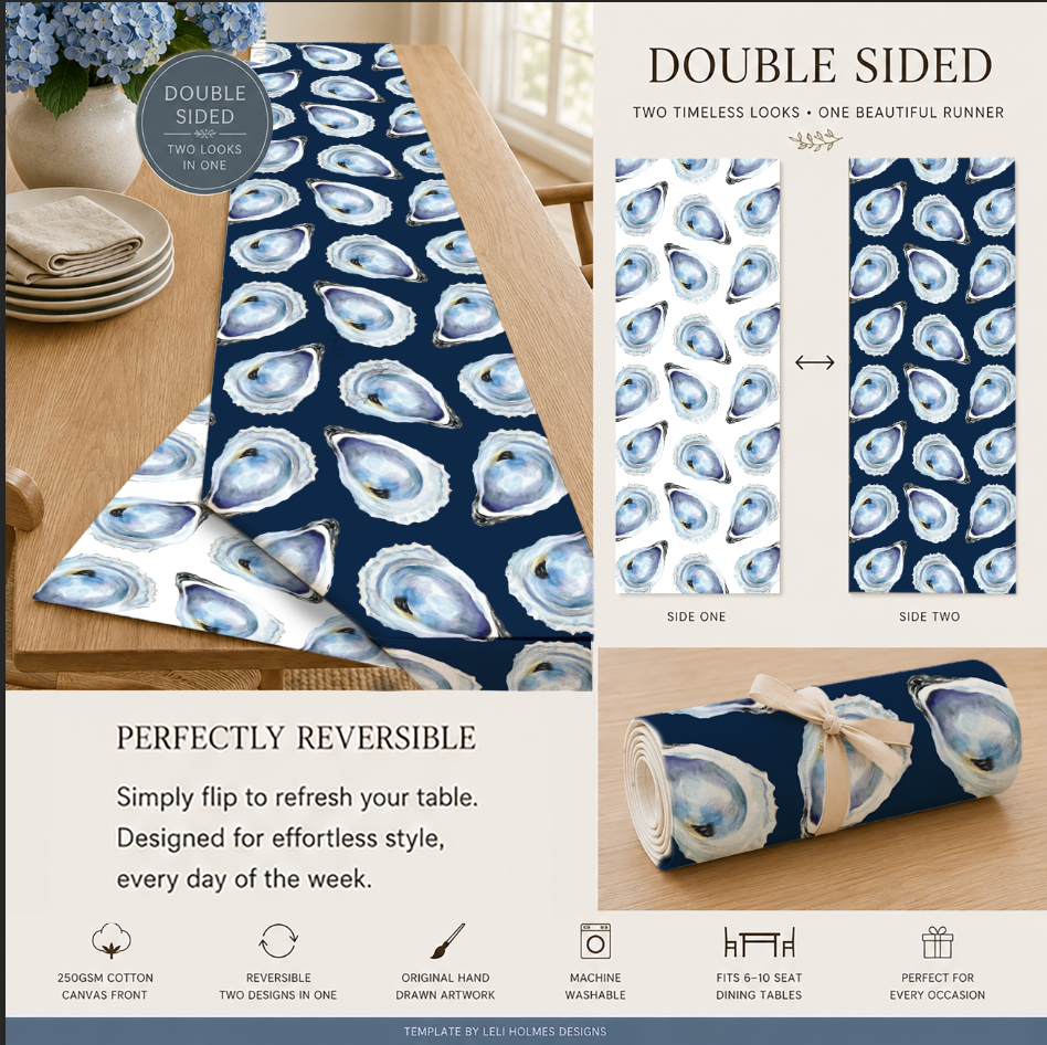 Blue Oyster Reversible Table Runner | Original Watercolor Oyster Design