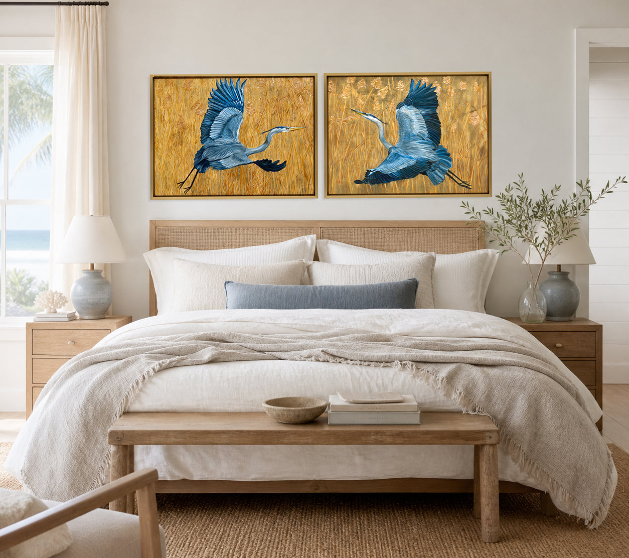 Blue Heron Art Print Set of 2 | Coastal Bird Wall Art Pair | Lowcountry Heron Paintings | Marsh Grass Background | Leli Holmes Art