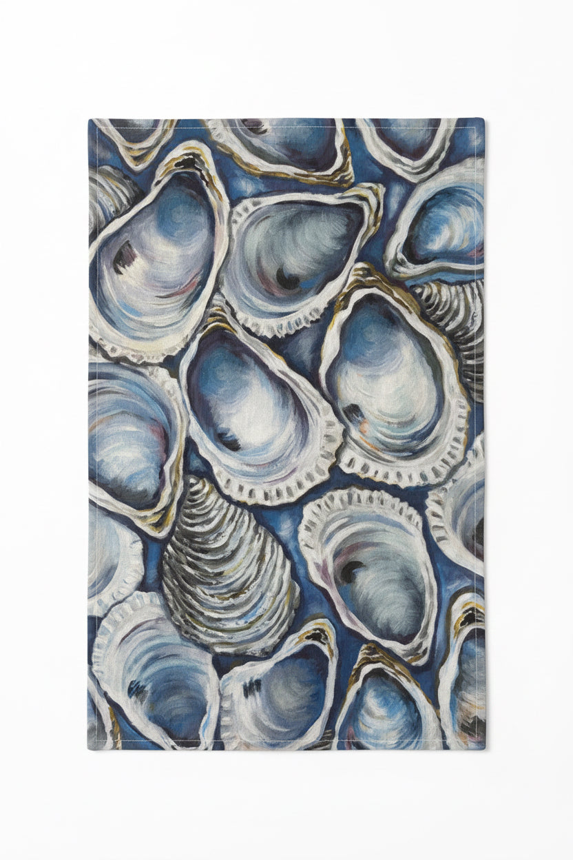 Oyster Tea Towel – Coastal Blue Shell Kitchen Towel, 100% Cotton Flour Sack, Nautical Beach House Decor, Southern Kitchen Gift