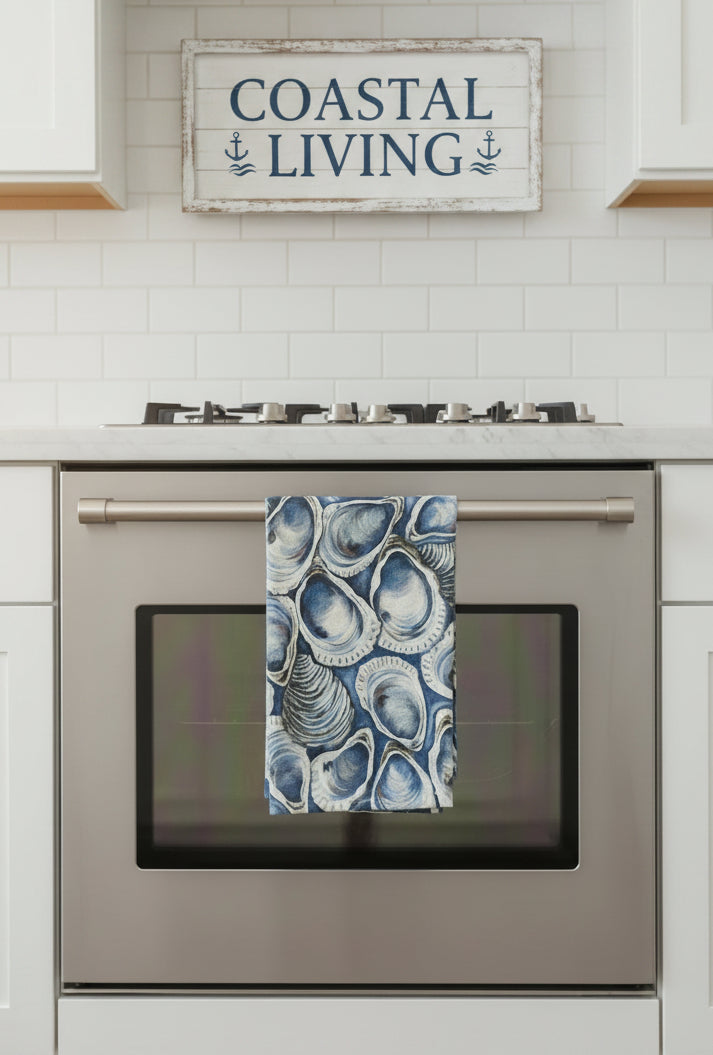 Oyster Tea Towel – Coastal Blue Shell Kitchen Towel, 100% Cotton Flour Sack, Nautical Beach House Decor, Southern Kitchen Gift